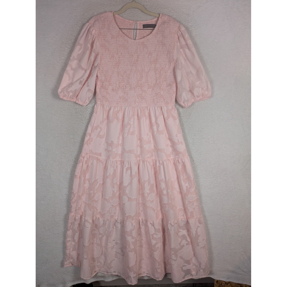 Merokeety Tiered Midi Dress Women's Large Pink Smocked Puff Sleeve Jacquard